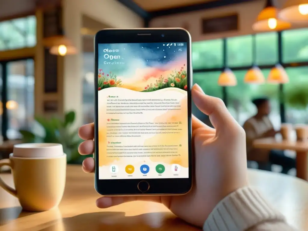 Persona en acogedora cafetería con cuaderno de poesía virtual en smartphone, rodeada de cálida iluminación y tazas humeantes