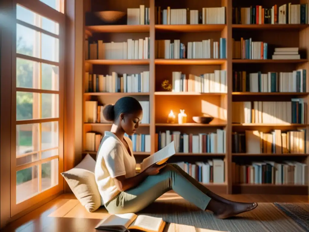 Persona leyendo poesía en acogedora habitación iluminada por el sol, fomentando pensamiento crítico poesía