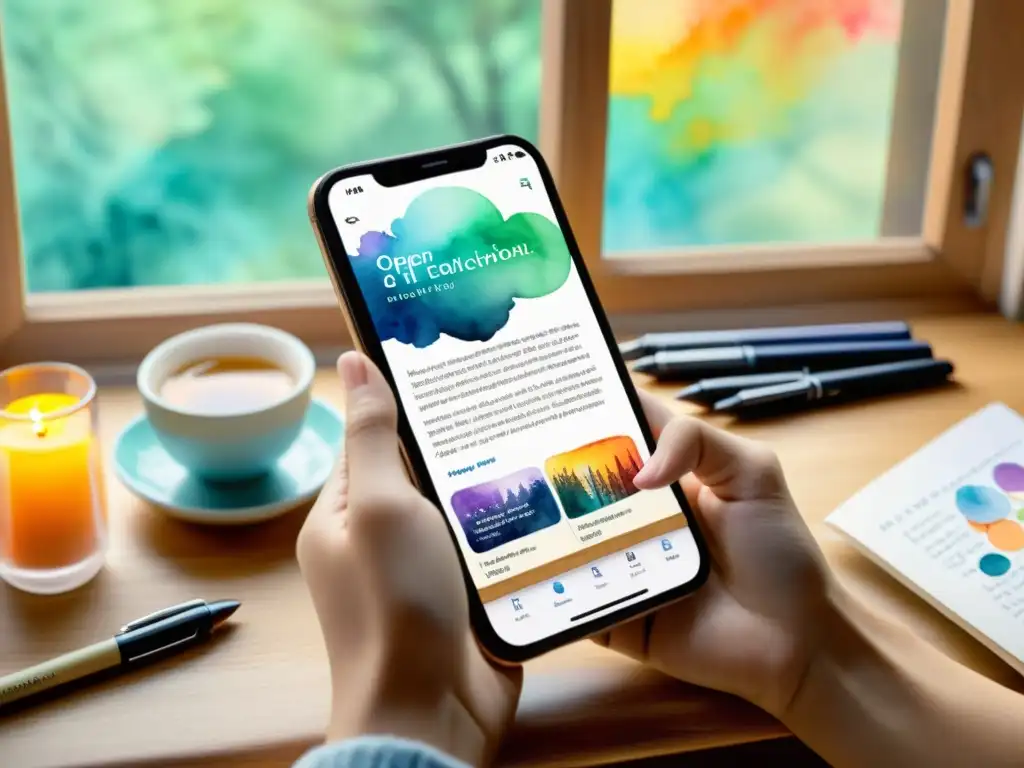 Persona usando la app móvil edición poesía, rodeada de ilustraciones acuarela y luz cálida