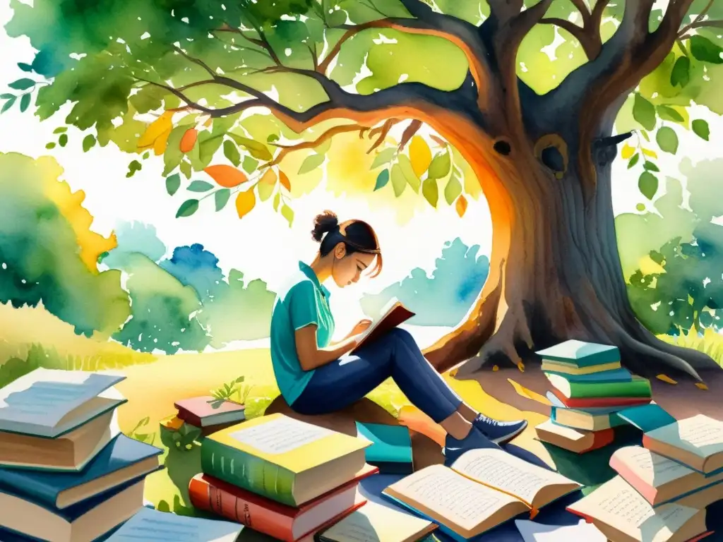 Persona escribiendo bajo un árbol, rodeada de libros de poesía y plumas, concentrada e inspirada