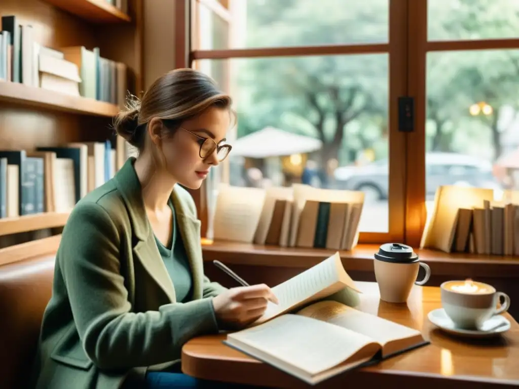 Una persona concentrada en un acogedor café, rodeada de libros y papeles, utilizando herramientas móviles para análisis poético