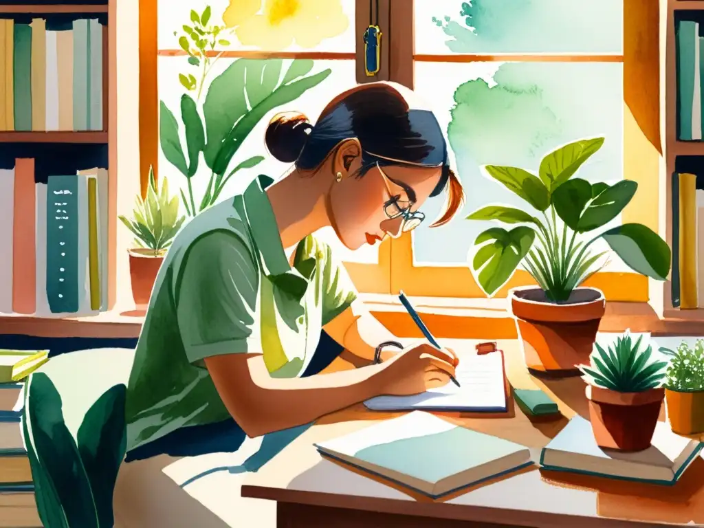 Persona concentrada escribiendo en un escritorio, rodeada de libros y plantas