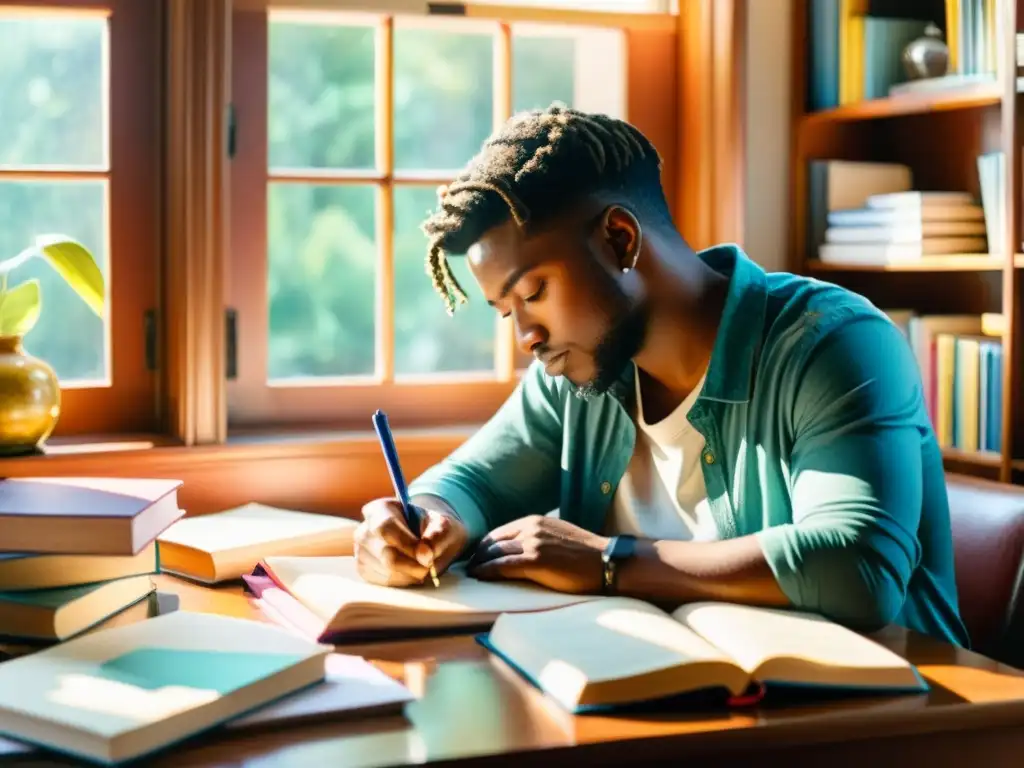 Persona concentrada escribiendo en un escritorio rodeada de libros, plumas y papel, en una ilustración colorida de acuarela