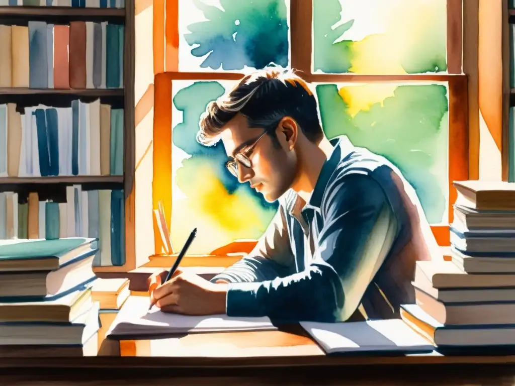 Una persona concentrada escribe rodeada de libros y papeles, iluminada por la cálida luz del sol