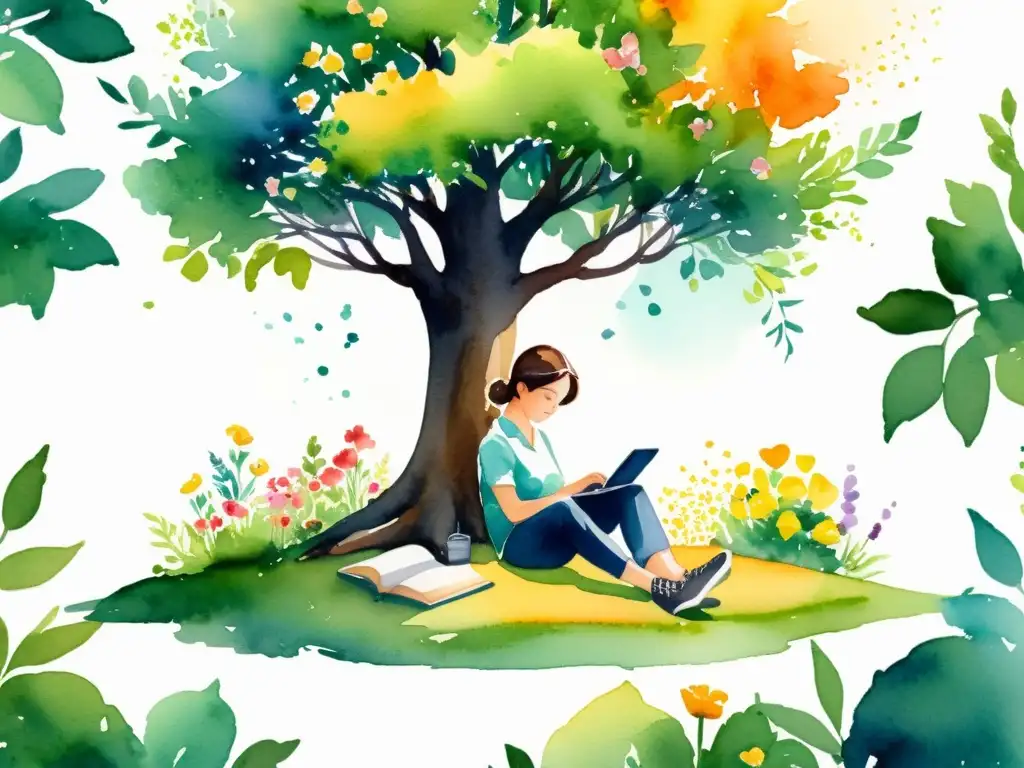 Persona creativa bajo un árbol, rodeada de flores, escribiendo en un cuaderno con apps móviles para poesía creativa