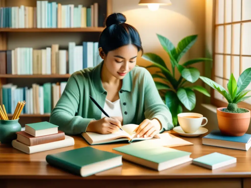 Persona escribiendo en un diario rodeada de libros, plantas y té, en una atmósfera acogedora y serena