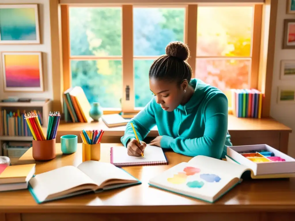 Persona inspirada participando en retos poéticos en redes, rodeada de utensilios de escritura y cuadernos en una atmósfera acogedora y cálida