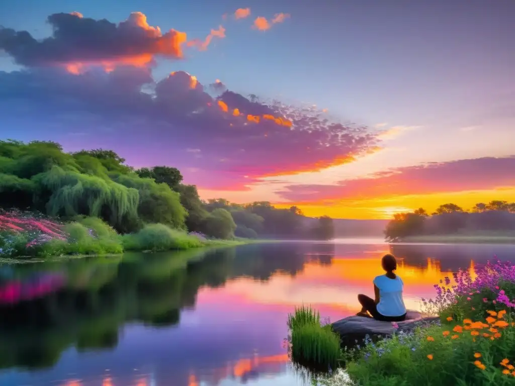 Una persona contempla un lago sereno al atardecer entre flores silvestres y vegetación exuberante