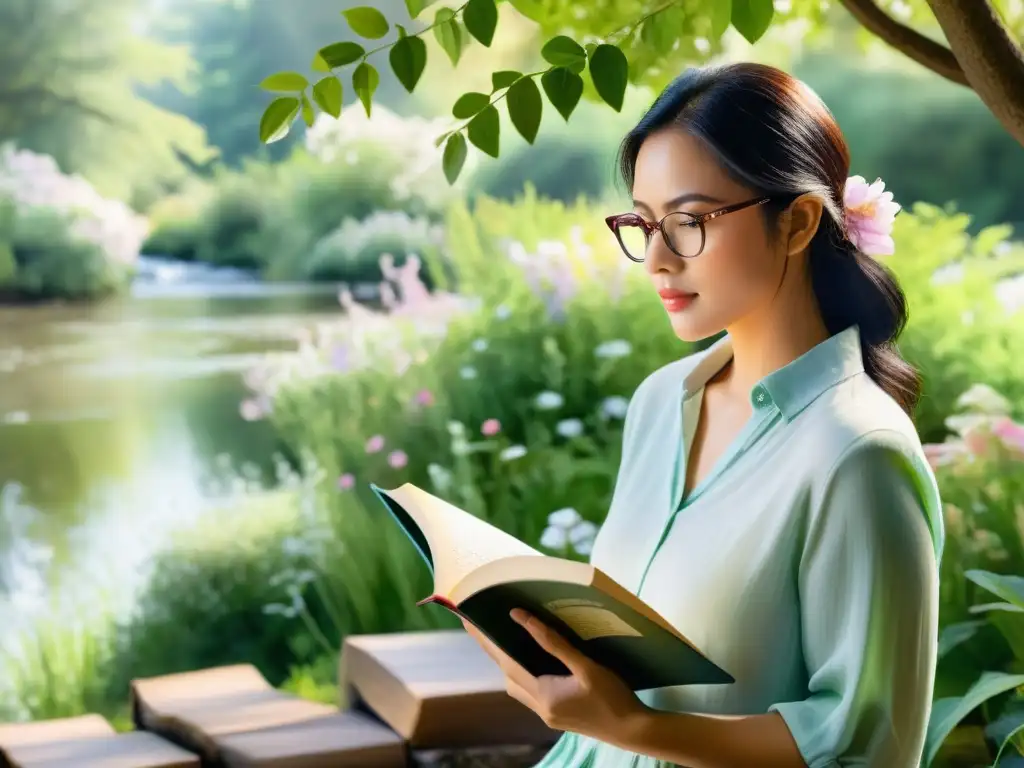 Una persona en lentes de lectura disfruta la poesía en un entorno natural, con un arroyo y flores coloridas