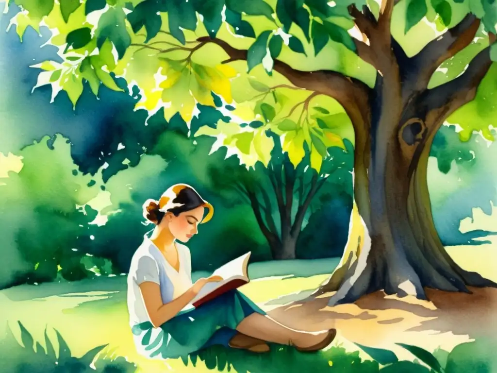 Persona leyendo 'El Profeta' de Khalil Gibran bajo un majestuoso árbol, sumergida en la lectura