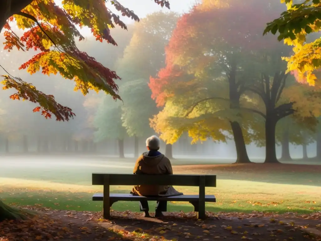 Reflexión otoñal en el parque: persona solitaria entre hojas coloridas Persona pensativa en un banco rodeado de hojas de otoño, evocando análisis poesía melancólica Mario Benedetti en un parque neblinoso