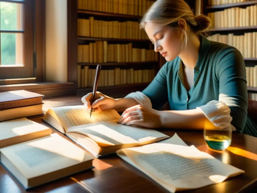 Una persona escribe poesía con pluma en un escritorio de madera rodeado de libros antiguos y papel pergamino