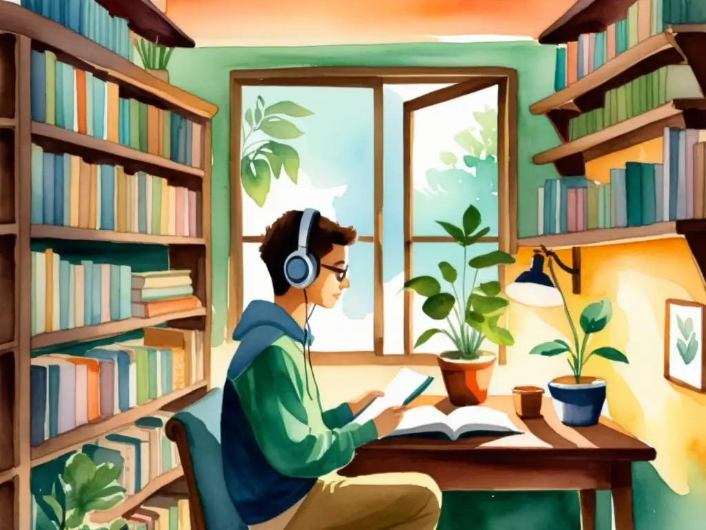 Persona grabando un podcast sobre poesía en un rincón acogedor rodeada de libros, creando un ambiente de inspiración y calma