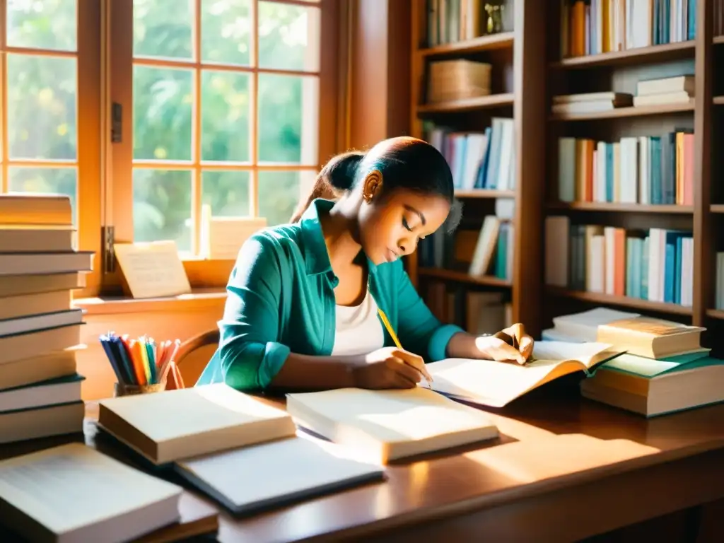 Persona escribiendo poesía en un ambiente creativo y luminoso rodeada de libros y papeles