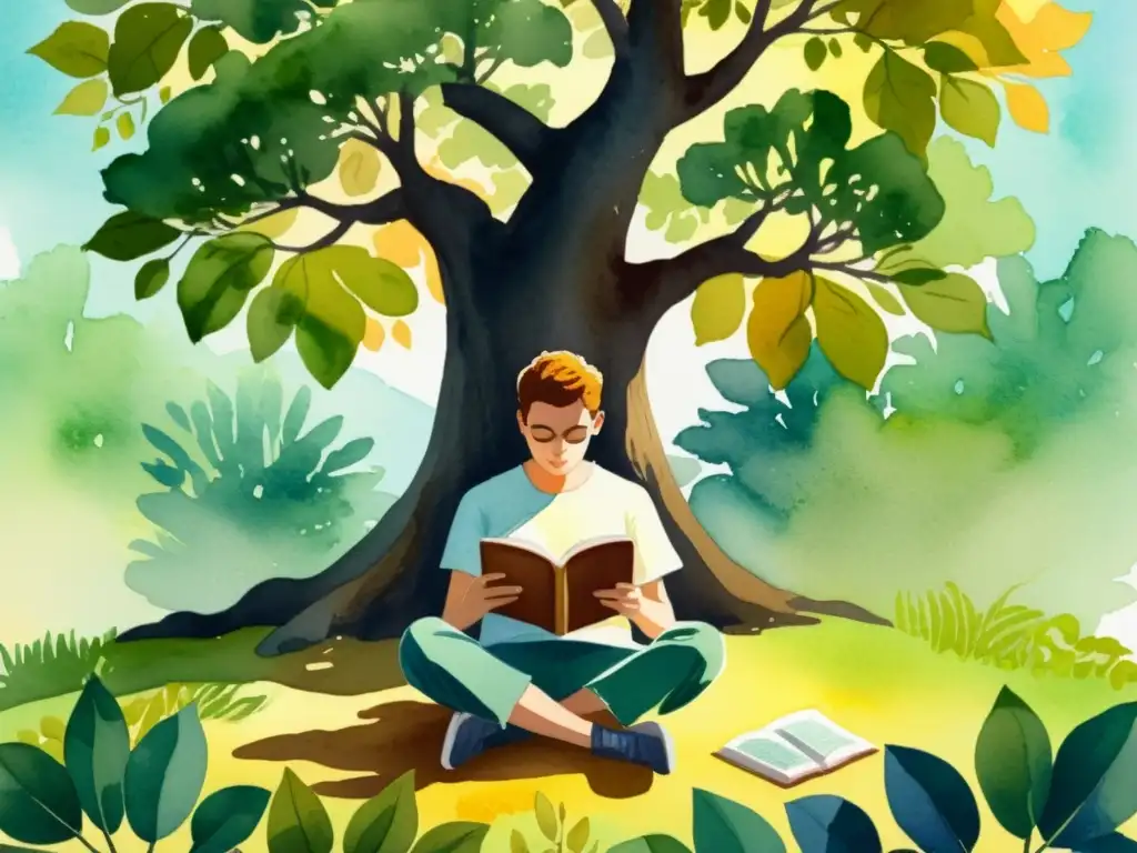 Un ilustración acuarela de una persona leyendo poesía en una app bajo un árbol