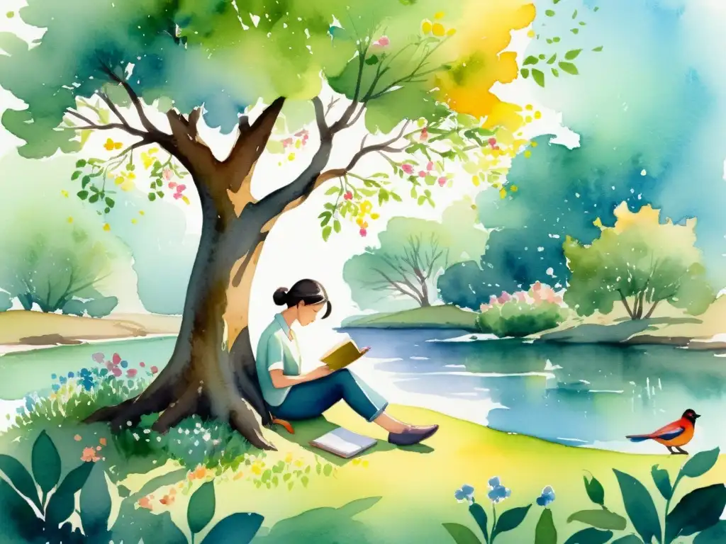 Persona escribiendo poesía bajo un árbol, rodeada de flores y arroyos, en una ilustración serena y colorida