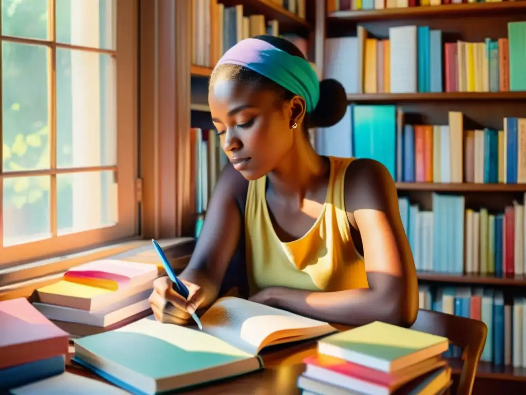 Persona escribiendo poesía junto a la ventana, rodeada de libros y papeles coloridos