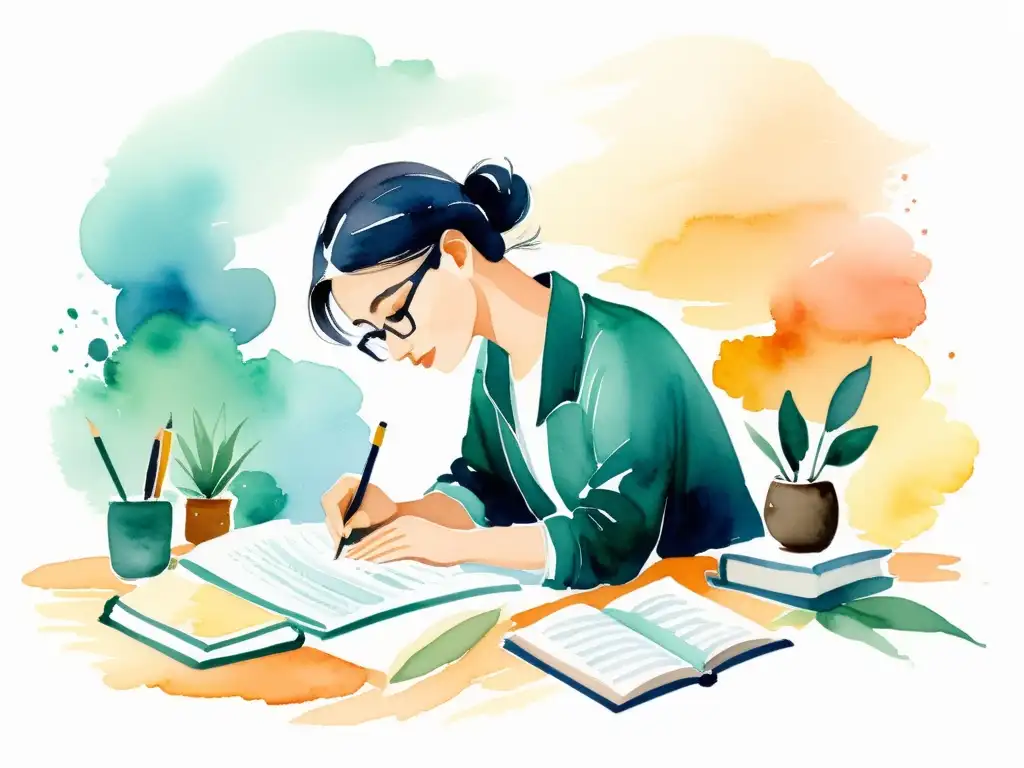 Persona escribiendo poesía rodeada de libros y papeles, en una ilustración acuarela con colores etéreos
