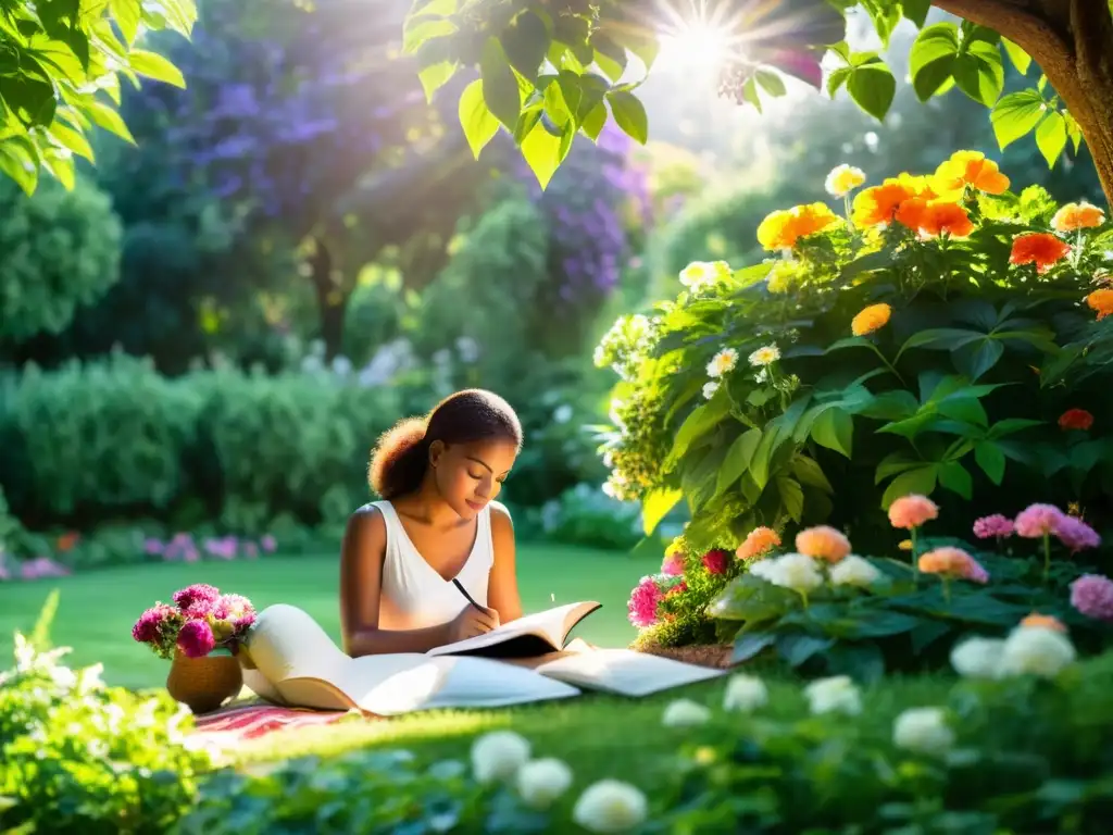 Persona escribiendo poesía terapéutica en un jardín tranquilo rodeado de flores coloridas, expresando calma y reflexión