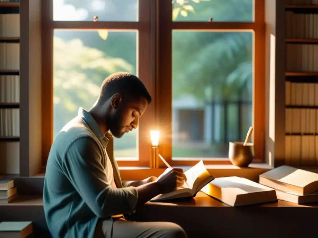 Persona escribiendo poesía en tiempos de confinamiento, rodeada de libros y luz cálida, expresando tranquilidad y contemplación