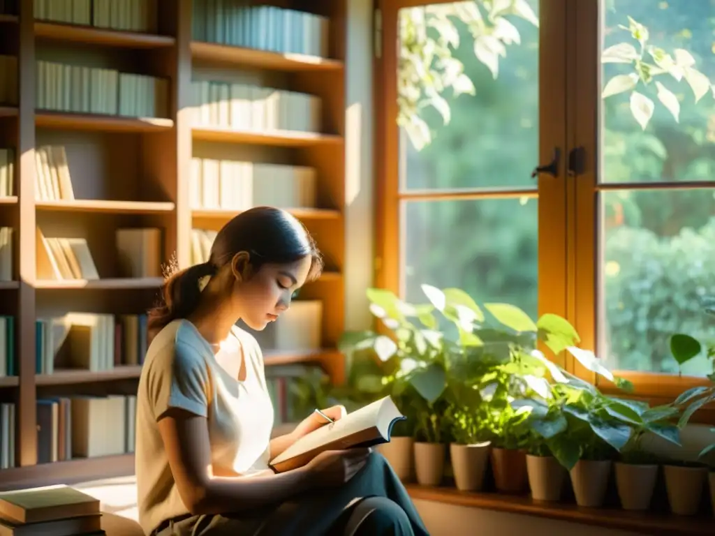 Persona reflexiva en acogedora habitación soleada, rodeada de libros, escribiendo en diario y mirando jardín floreciente