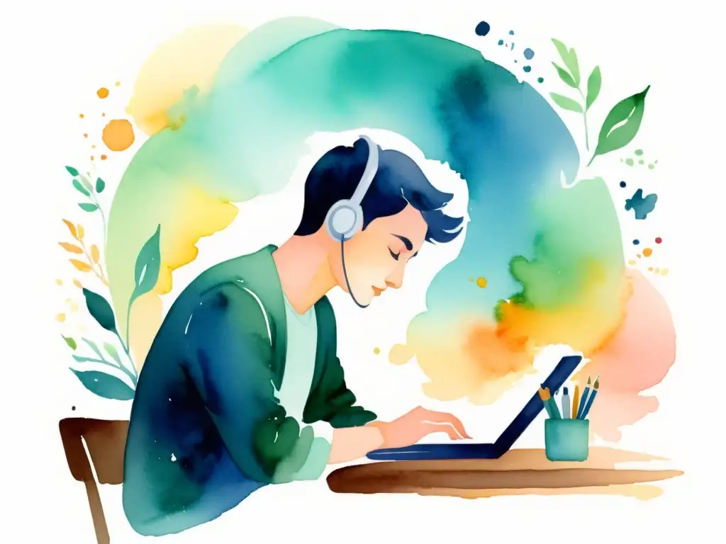 Persona reflexiva interactuando con aplicaciones inteligencia artificial poesía en una atmósfera creativa y acogedora