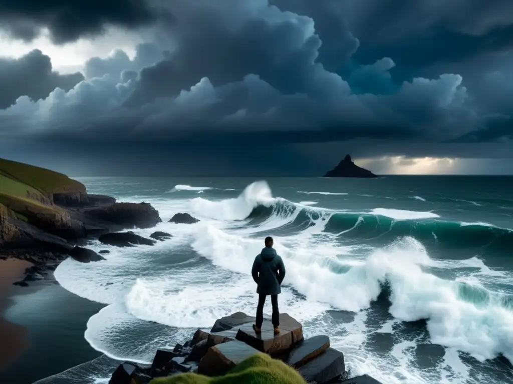 Persona reflexiva en la costa rocosa, contemplando el mar tormentoso mientras sostiene un libro de poesía