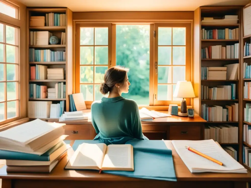Persona reflexiva en un escritorio rodeada de libros, plumas y poesía escrita a mano