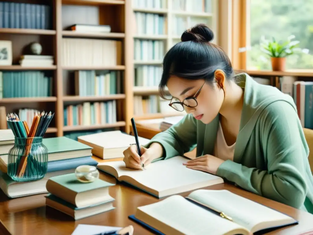 Persona reflexiva escribiendo en un escritorio rodeado de libros y suministros de escritura en una acuarela serena