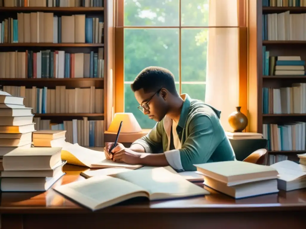 Persona reflexiva escribe poesía en un tranquilo taller de poesía y branding, rodeada de libros y papeles