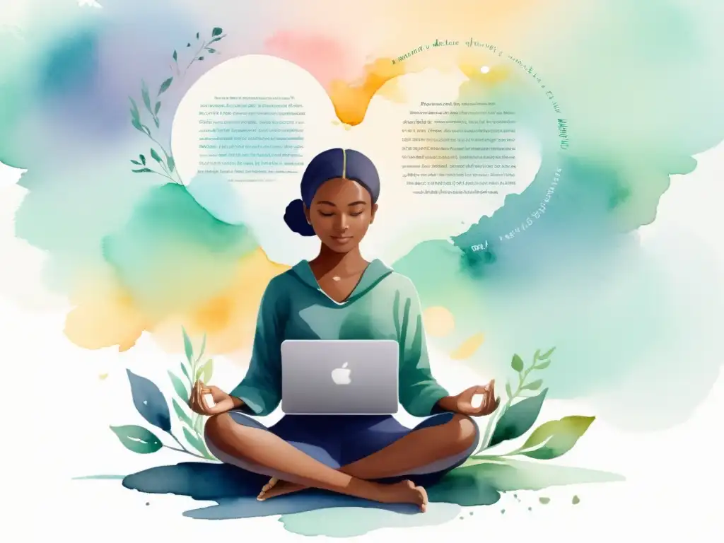 Persona meditando rodeada de poesía y dispositivos digitales, en armonía con la naturaleza y la tecnología