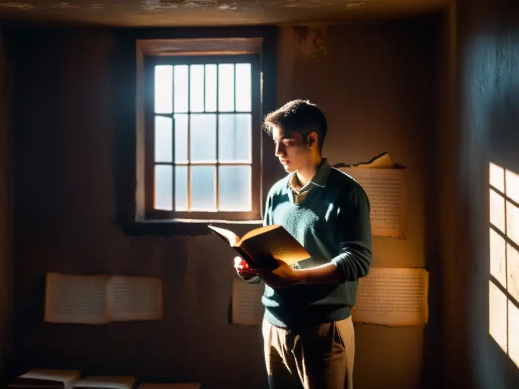 Persona leyendo los Sonetos de la muerte de Gabriela Mistral en una habitación sombría, con luz y sombras dramáticas