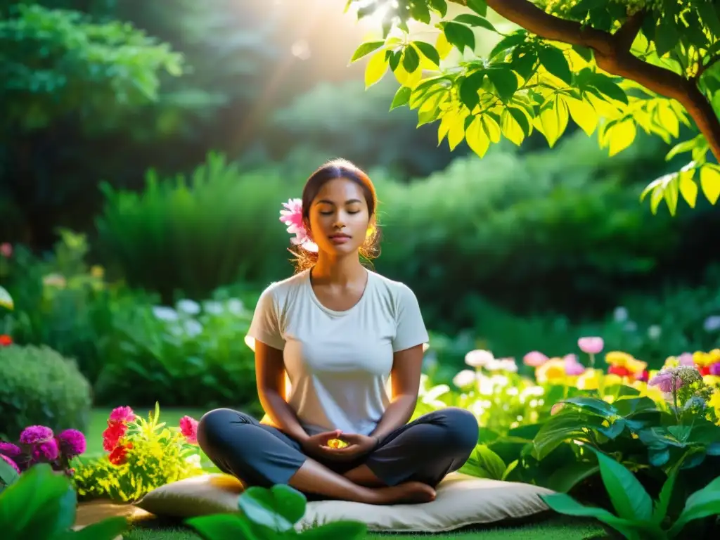 Persona meditando en jardín tranquilo, rodeada de flores vibrantes y verdor exuberante