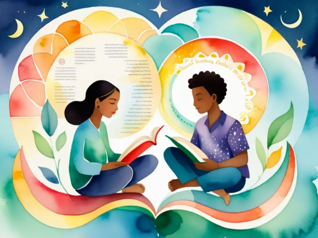 Encuentro poético: unión cultural en acuarela Dos personas de diferentes culturas comparten traducciones poéticas unen corazones en un hermoso cuadro de acuarela