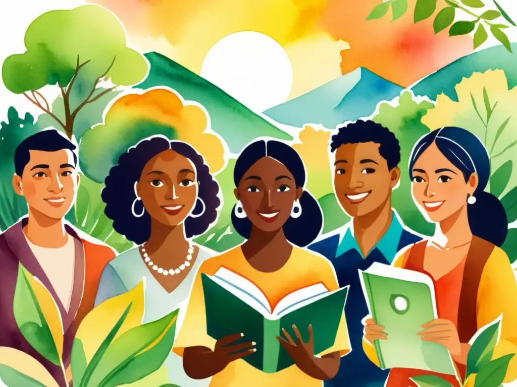 Una ilustración acuarela de personas diversas celebrando la diversidad lingüística en ferias del libro, cada uno con un libro y poema en su idioma nativo, en un escenario vibrante y acogedor