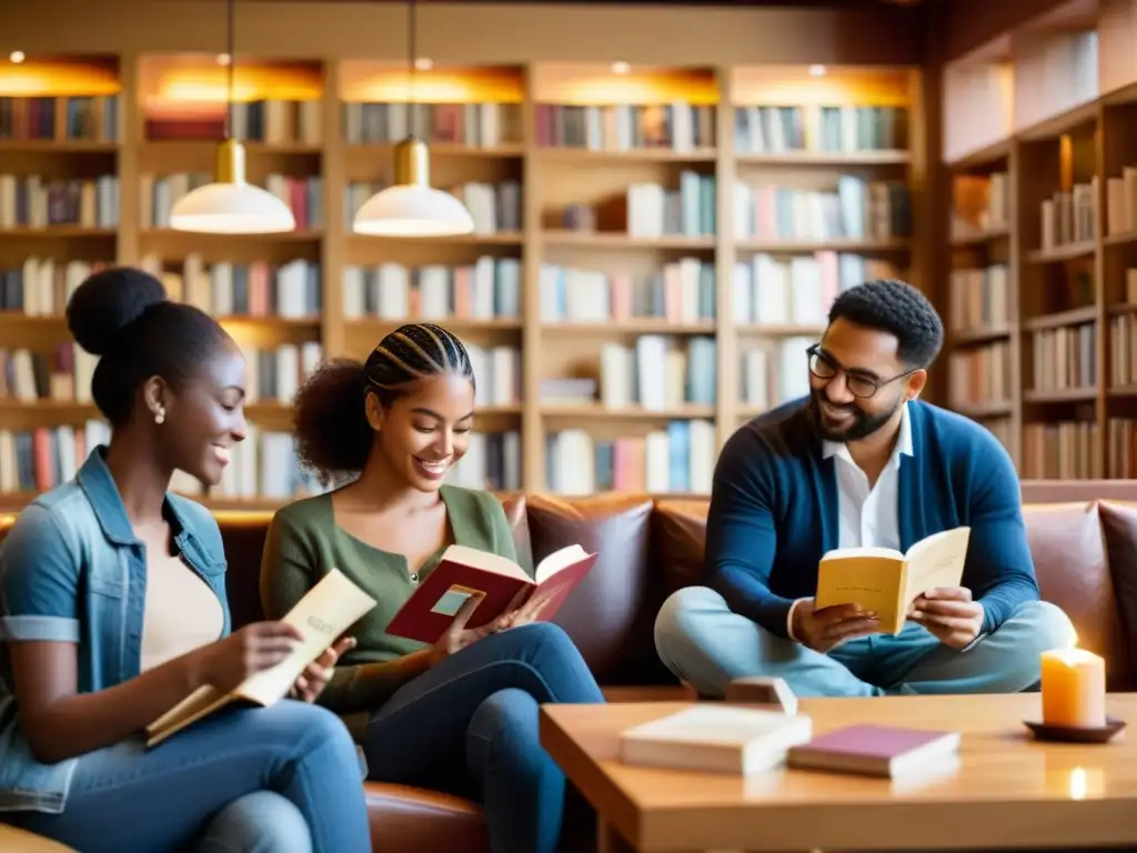 Diversas personas de distintos países, leyendo poesía en un acogedor café