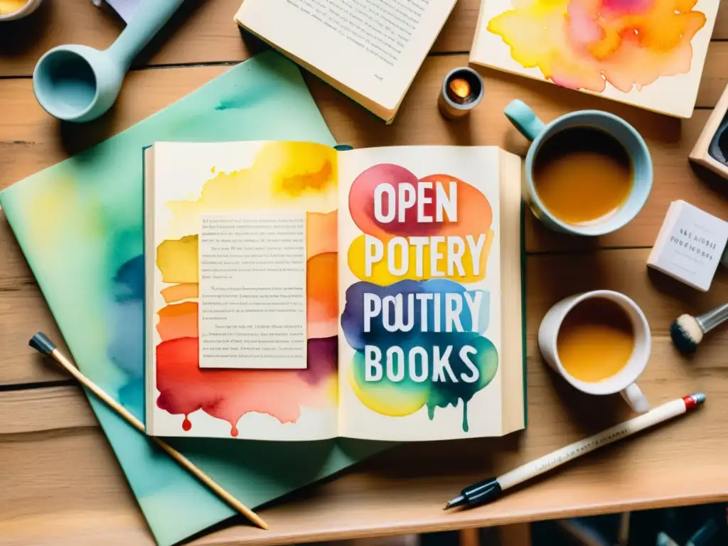 Una pila de revistas de poesía con diseños vibrantes y tipografía experimental, rodeadas de suministros artísticos, en una cálida luz dorada