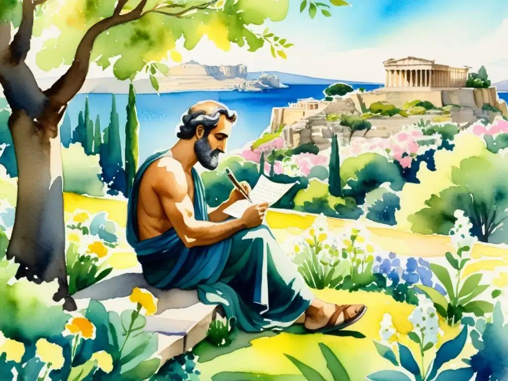 Píndaro escribe poesía entre flores en un jardín soleado, con la Acropolis al fondo