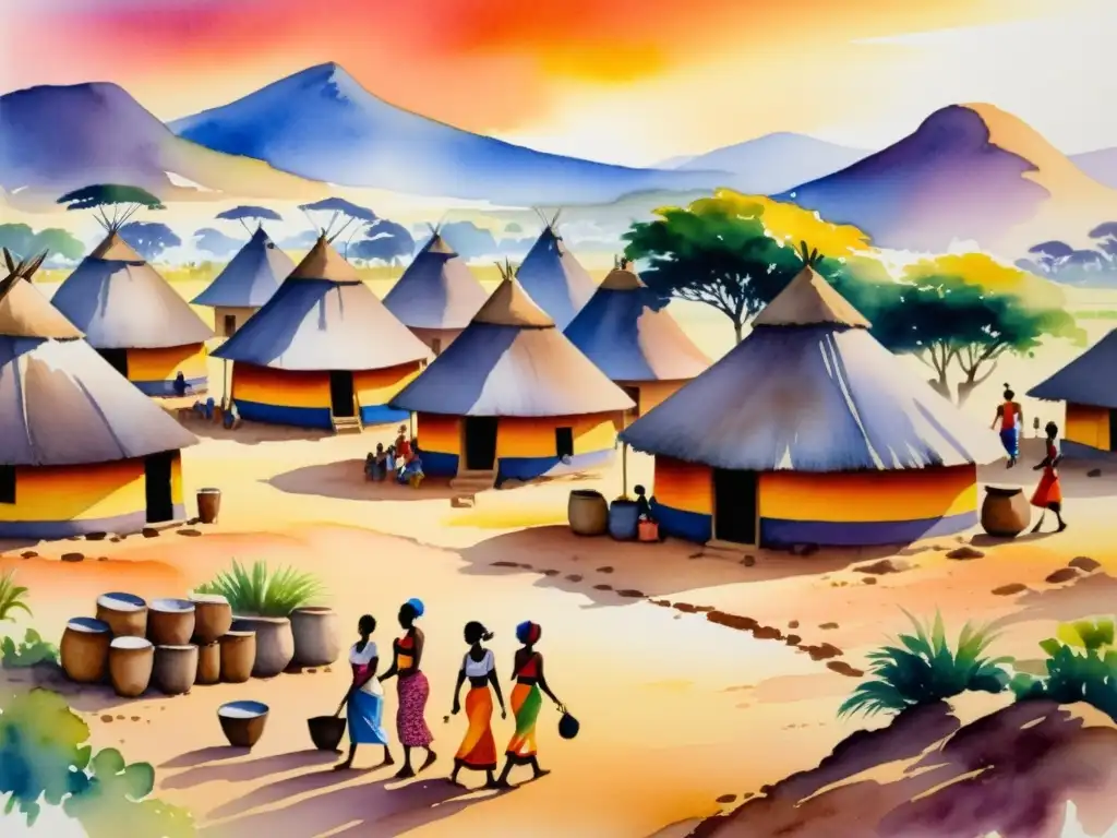 Un pintoresco pueblo africano cobra vida en acuarela, con colores vibrantes y una atmósfera de alegría, poesía y espiritualidad en África