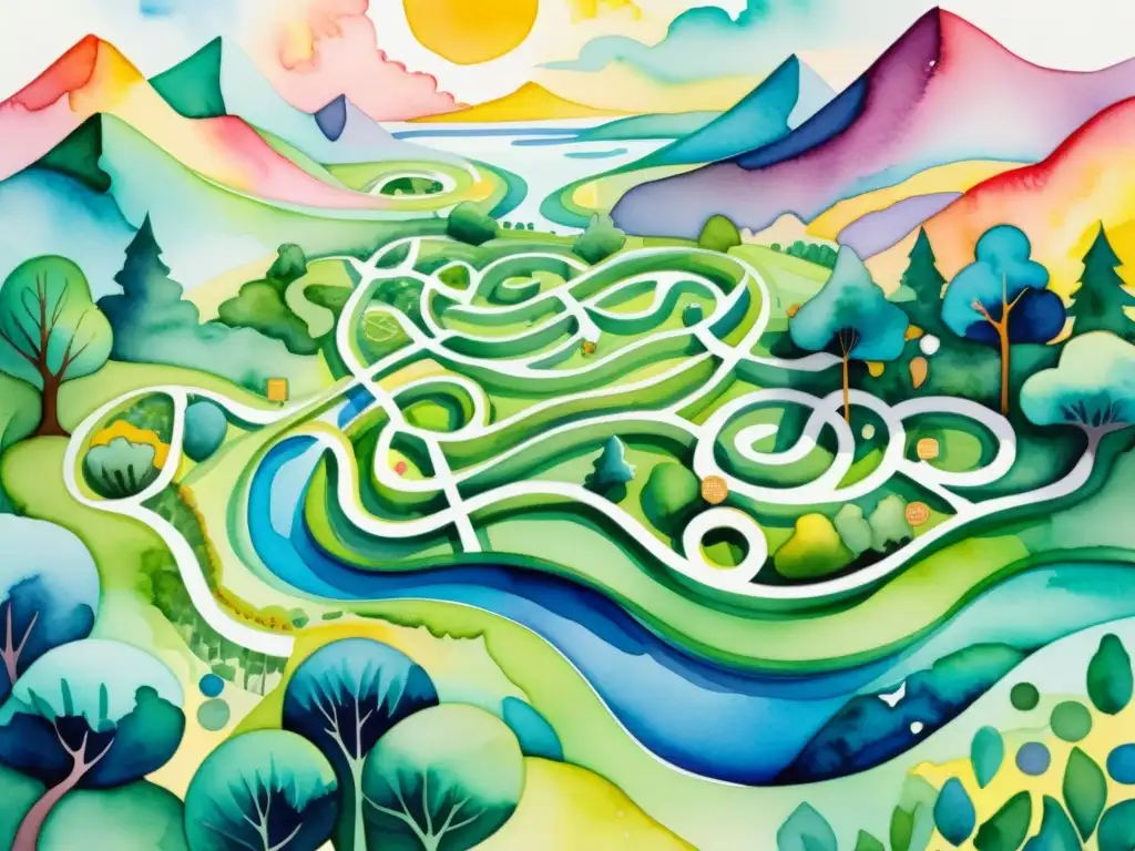 Una pintura abstracta acuarela de un paisaje surrealista vibrante con elementos interactivos integrados