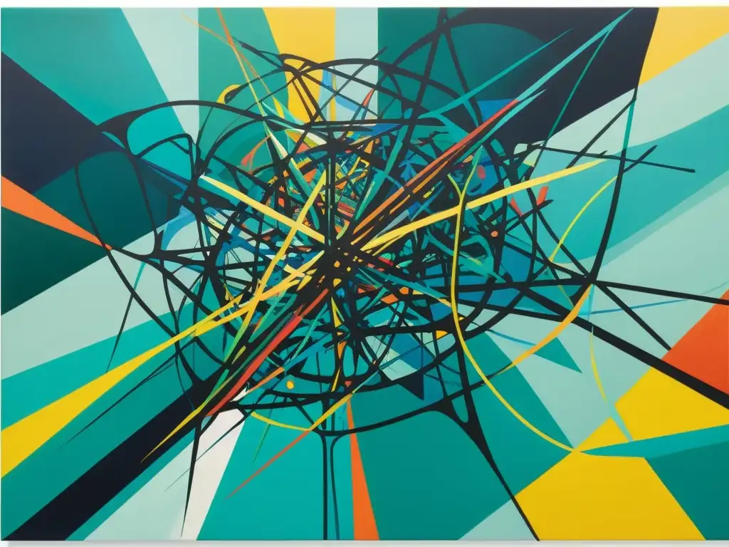 Una pintura abstracta vibrante que evoca el tema de la elipsis narrativa en poesía, con líneas entrelazadas y colores contrastantes