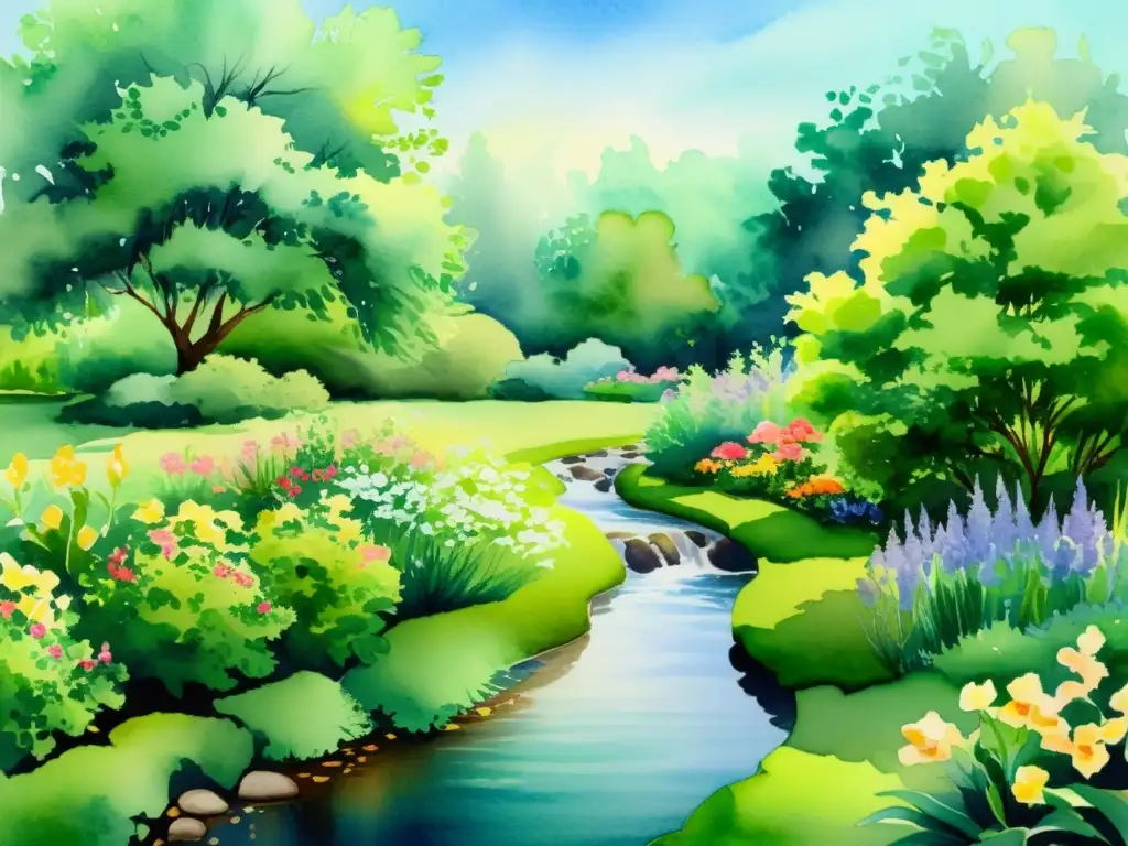 Pintura acuarela abstracta de un sereno jardín con flores vibrantes y un arroyo