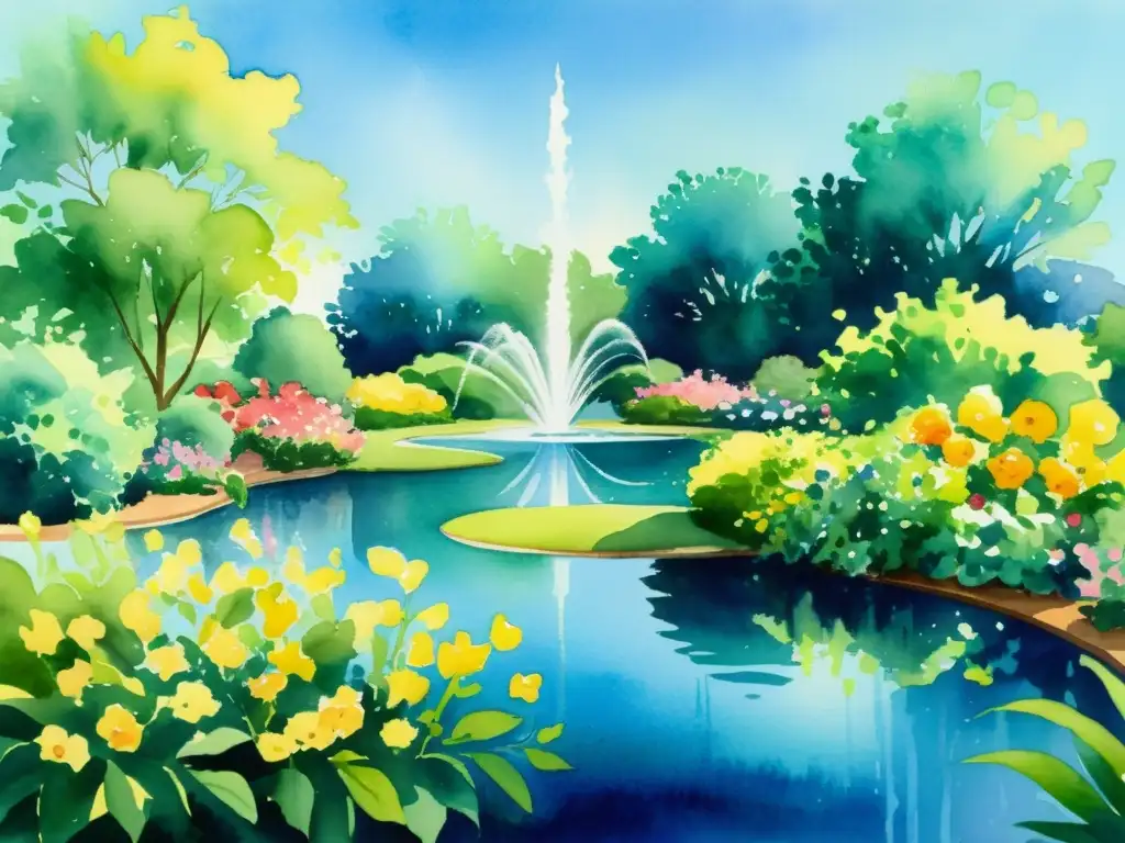 Pintura acuarela abstracta de un jardín vibrante con flores coloridas, follaje exuberante y un estanque sereno