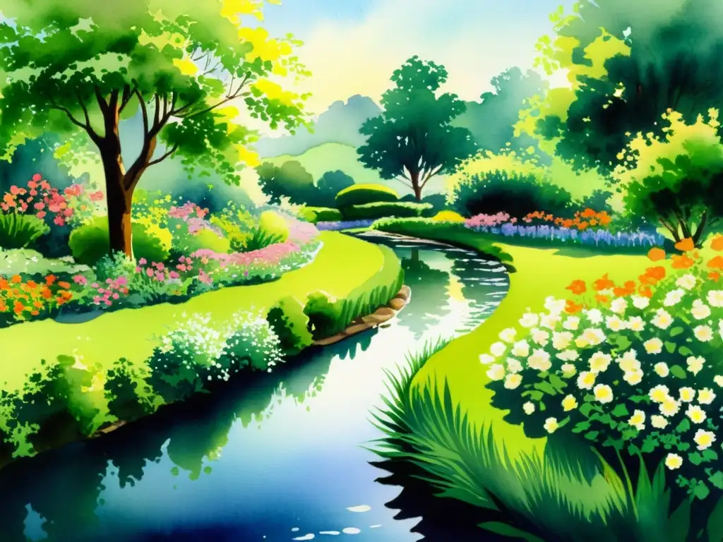 Una pintura acuarela de un apacible jardín con flores vibrantes, un arroyo y luz suave, evoca la poética del Curso de autorreflexión poética