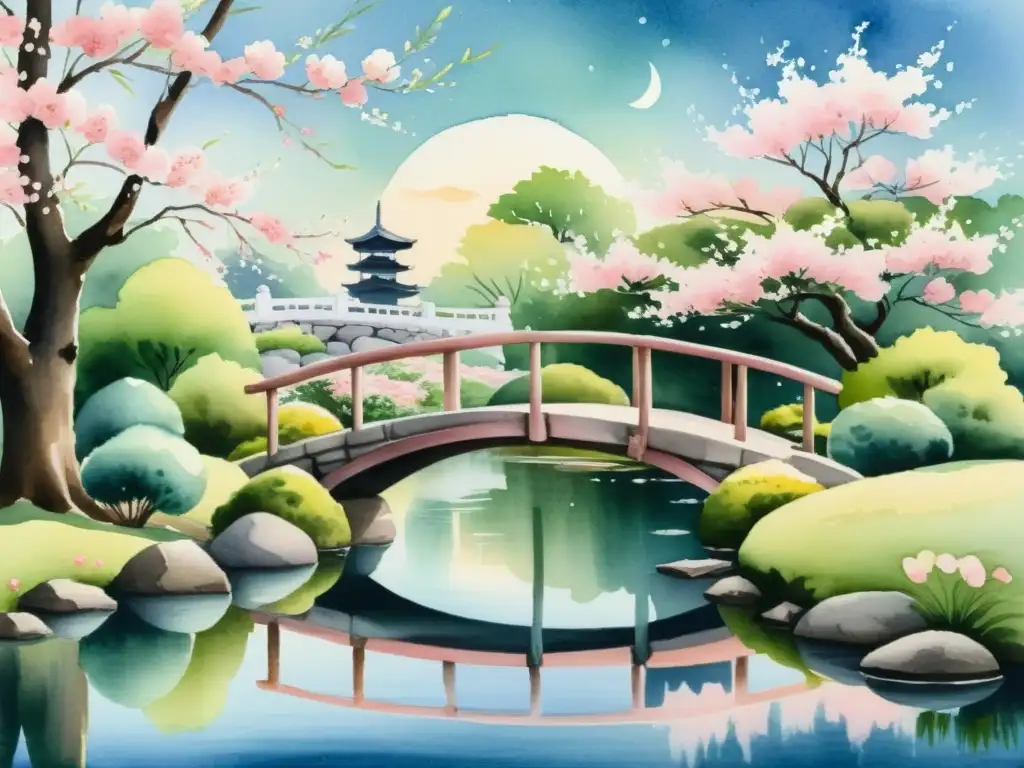 Una pintura acuarela de un apacible jardín japonés con puente de piedra sobre un estanque, árboles de cerezo en flor y la luz de la luna