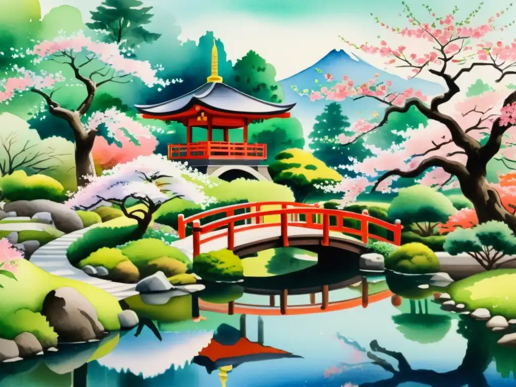 Una pintura acuarela detalla un apacible jardín japonés con una pagoda tradicional entre cerezos en flor