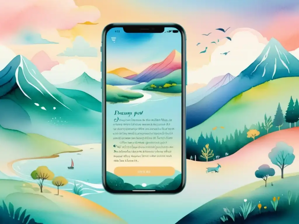Una pintura acuarela muestra una app para publicar poesía con una interfaz vibrante y una poesía cautivadora en elegante caligrafía