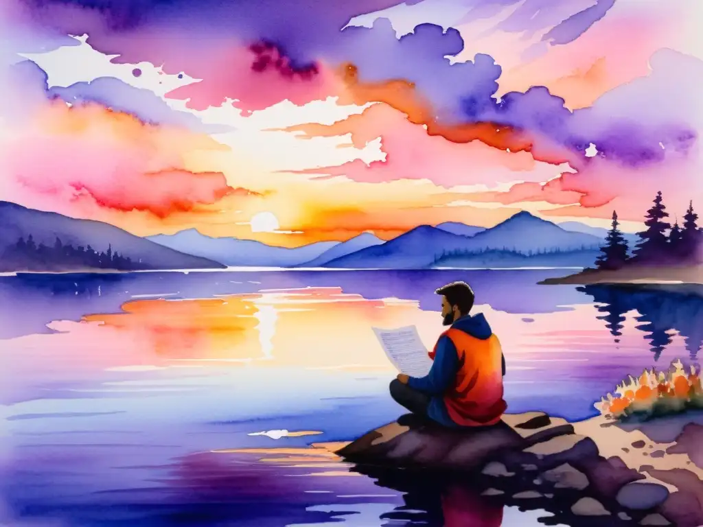 Una pintura acuarela de un atardecer vibrante sobre un lago sereno, con un poeta solitario escribiendo un haiku en un pergamino