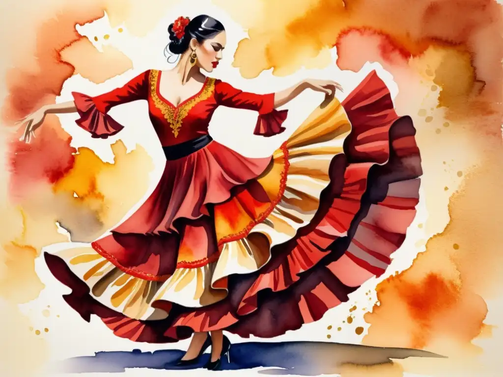 Una pintura acuarela de una bailaora de flamenco en vibrantes tonos de rojo, naranja y dorado, con movimientos apasionados y expresión intensa, capturando la riqueza cultural y la expresión poética del Romancero Gitano Lorca análisis poético cultural