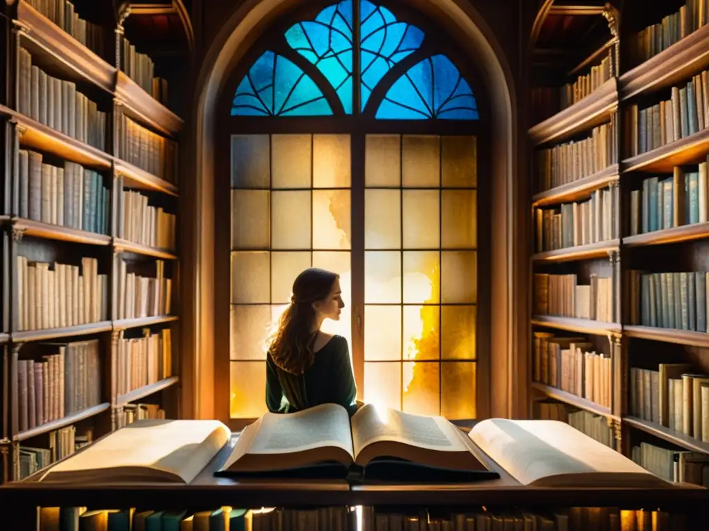 Una pintura acuarela de una biblioteca tenue iluminada por luz dorada donde un solitario lector disfruta de un libro de poesía